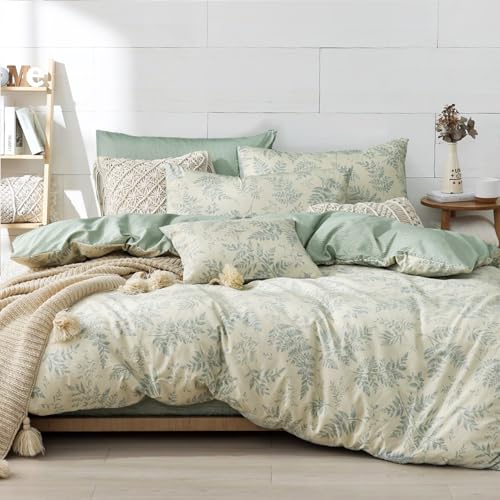 LEMIROE Botanical Cotton Comforter Twin Size - Dusty Green Comforter Printed with Luxurious Greyish-Green Ferns on Beige,Reversible Lightweight Bedding Sets 2Pcs(68"×90") - color: Botanical - Dusty Green, size: Twin/Twin XL(68"×90")