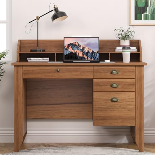4 EVER WINNER Wooden Desk with Drawers, Small Desk with Monitor Stand and File Drawe, Writing Desk with Drawers for Bedroom Small Spaces, Walnut - color: Walnut