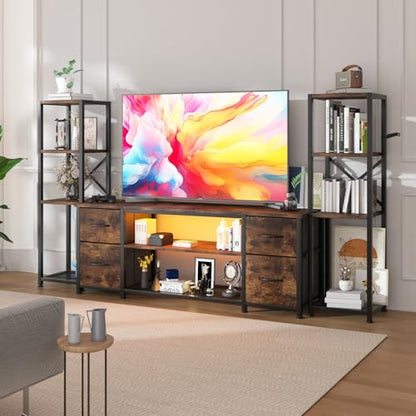 LED TV Stand Bookshelf Combo with Charging Station for 65 60 55 Inch TV, Entertainment Center with Lights & Drawers, Industrial Media TV Console Table for Living Room Bedroom Office, Rustic Brown - color: Rustic Brown