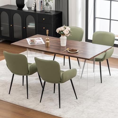 VKNOW Modern Faux Leather Dining Chairs Set of 4 with Armrest, Green | Armed Dining Room Chairs with Metal Legs, Kitchen Chairs for Restaurant Kitchen Living Room - color: Green-leather, size: Set of 4