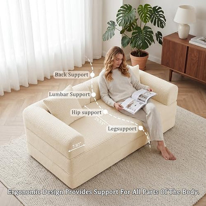 59" Boneless Couch,4-in-1 Futon Sofa Bed Modular Loveseat Sleeper Folding Compressed Couch with Pillows,No Assembly Required Convertible Sofa Bed for Living Room Bedroom Guest Room,Beige - color: Beige, size: 59.06" Loveseat Sofa