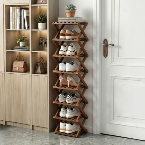 Shoe Rack, Foldable Bamboo Shoes Shelf for Small Spaces, Multifunctional Vertical Shoe Organizer Tall for Entryway, Closet, Corner, Bedroom, Hallway (8 Layers, Brown) - color: Brown, size: 8 Layers
