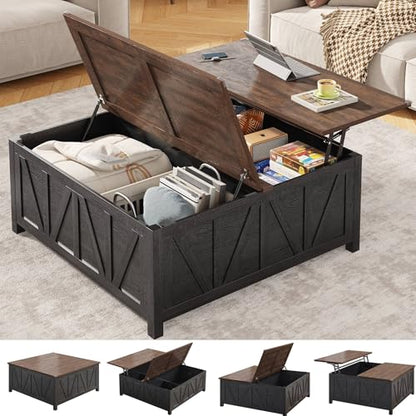 chartustriable 43.3“ Lift Top Coffee Table with Storage, Farmhouse Coffee Table with Large Hidden Storage Compartment and Shelves，Square Center Tables for Living Room, Tea Table Black - color: Black