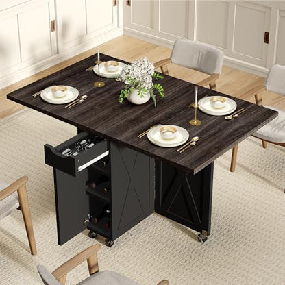 Folding Dining Table for 2-6, Easy Assembly, Dark Brown+Black | 52.7" Folding Dining Table with 6 Wheels, Drop Leaf Table with Drawers, Shelves and Wine Rack for Small Spaces - color: Dark Brown
