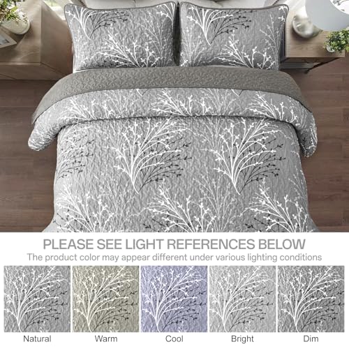 DJY Grey Quilt Set Queen Size - Branch Botanical Bedspread Coverlet Set | 3 Pieces Gray Floral Quilt Bedding Set, Soft Lightweight Microfiber Reversible Summer Quilt Set, 96''x90'' - color: Grey, size: Queen