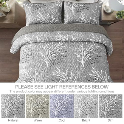DJY Grey Quilt Set Queen Size - Branch Botanical Bedspread Coverlet Set | 3 Pieces Gray Floral Quilt Bedding Set, Soft Lightweight Microfiber Reversible Summer Quilt Set, 96''x90'' - color: Grey, size: Queen