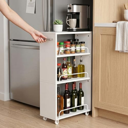 7.7'' Slim Rolling Storage Cart 4 Tier Wood Utility Cart Spice Rack Kitchen | Slide Out Narrow Rolling Cart with Adjustable Shelves,with Handle for Kitchen Laundry Bathroom Small Space - size: 3-Tier
