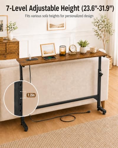2Pack Behind Couch Table w/Charging Station Narrow Console Table | Adjustable Height(23.6"-31.9"), 5.9"Wx78.8"L, Slim Long Sofa Table, 2 Power Outlets, for Living Room, Entryway, Rustic Brown