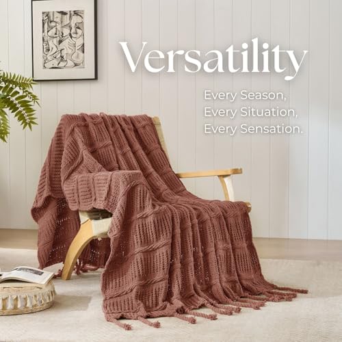 Boho Knitted Chenille Blanket with Tassels - Lightweight & Soft All-Season Throw - 3D Classic Pattern for Living Room Bedroom Couch, Clay Brown, Throw 50"x60" - color: Clay Brown, size: Throw