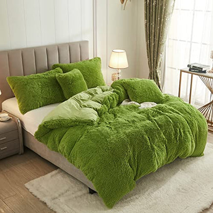 Faux Fur Velvet Fluffy Bedding Duvet Cover Set Down Comforter Quilt Cover with Pillow Sham, Ultra Soft Warm (Apple Green, Twin) - color: Apple Green, size: Twin