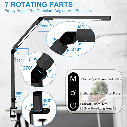 LED Desk Lamp with Clamp, Architect Desk Lamp for Home Office with Remote Control, Swing Arm Clamp on Computer Light, Clip-on Eye-Care Adjustable 5 Brightness Levels Table Light for Working Drafting - color: Black+Remote