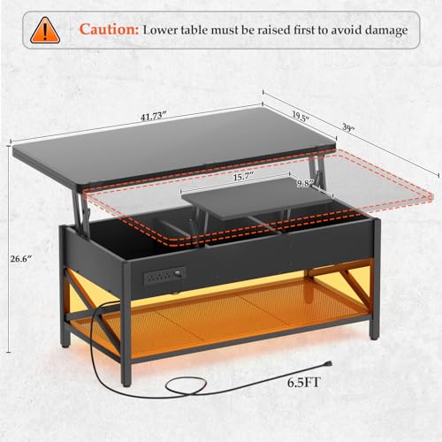 Aheaplus Lift Top Coffee Table with LED Light, Power Outlet & Shelves - Black - color: Black
