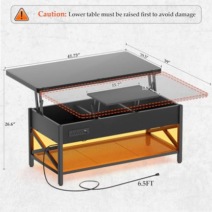 Aheaplus Lift Top Coffee Table with LED Light, Power Outlet & Shelves - Black - color: Black
