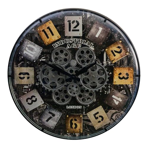22in Large Wall Clock with Exposed Gears, Silent Arabic Numeral | Non-ticking vintage industrial metal frame clock, moving gears, battery operated, decor for living room