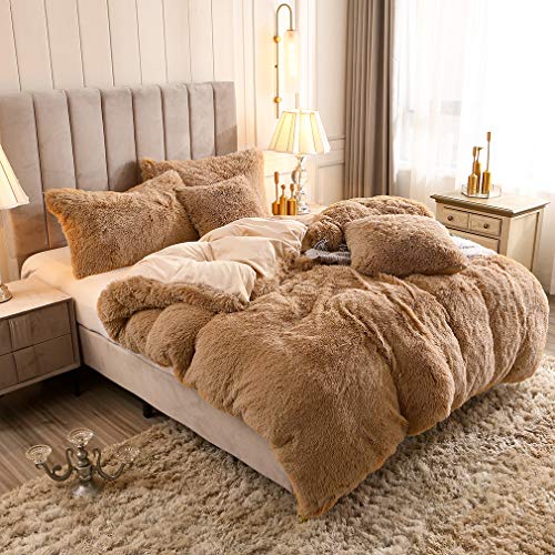 Faux Fur Velvet Fluffy Bedding Duvet Cover Set Down Comforter Quilt Cover with Pillow Sham, Ultra Soft Warm (Twin, Camel) - color: Camel, size: Twin
