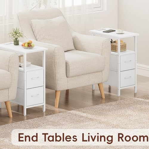 Set of 2 White Nightstand with Charging Station and LED Lights, Narrow Side Table, LED Night Stand with 2 Fabric Drawers, Bedside Table Small End Table, Tall Nightstand for Bedroom, White - color: White, size: 2, style: With LEDs