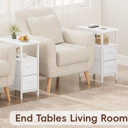 Set of 2 White Nightstand with Charging Station and LED Lights, Narrow Side Table, LED Night Stand with 2 Fabric Drawers, Bedside Table Small End Table, Tall Nightstand for Bedroom, White - color: White, size: 2, style: With LEDs