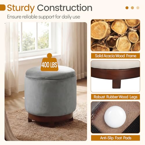 Giantex Round Ottoman with Storage, 360° Swivel Velvet Vanity Stool with Removable Lid, Wood Frame & Legs, Ottoman Foot Rest for Living Room, Bedroom, Makeup Room No Assembly (Gray & Walnut) - color: Gray & Walnut