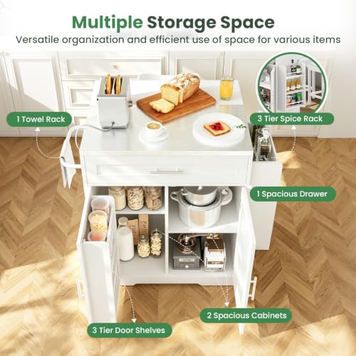 Dripex 41'' Kitchen Islands Foldable with Stainless Steel Top & Seating, Rolling Island Table for Kitchen with Drop Leaf, Bar Stool, Power Outlet, Adjustable Storage Shelves, Spice Rack, White - color: White