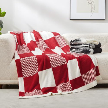 Snuggle Sac Checkered Blanket, Buffalo Plaid Checker, Lux Soft Fuzzy Cozy, Reversible Knitted, Red White, 60x80 inches - color: Checker Red White, size: Twin(60"x80")
