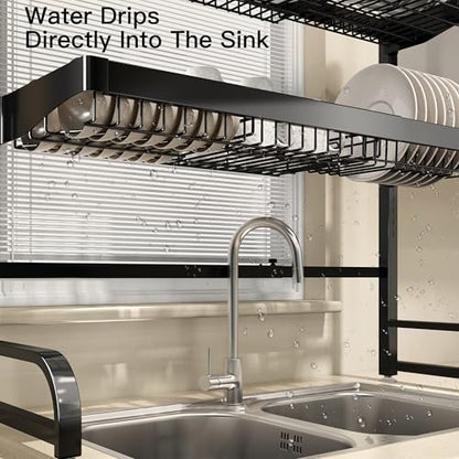 Over The Sink Dish Drying Rack, Extra Large Capacity Dish Drainer | 3 Tier Extra Large All Stainless Steel Expandable Plate Strainers, Rustproof Metal, Counter Space Saving, Modern Black - color: Black, style: Over Sink 3 Tier