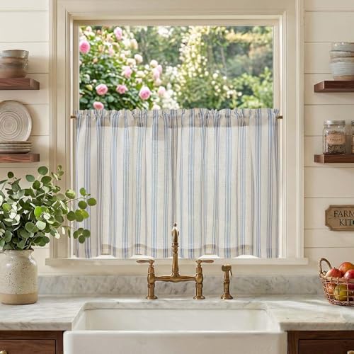 jinchan Linen Kitchen Curtains Striped Tier Curtains 24 Inch Farmhouse Small Drapes Balanced Stripe Half Window Light Filtering for Bathroom Laundry 2 Panels Blue on Linen - color: Striped Blue on Linen, size: 26"W x 24"L (Pack of 2)