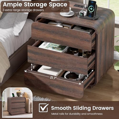 Standifurno Walnut 3 Drawers Nightstand, 25" Tall Wooden Bedside Table with Charging Station, Large Side Table Curved Profile, Handleless, Large End Table Night Stand for Bedroom, Office - color: Walnut, size: 3 Drawer(1PC)