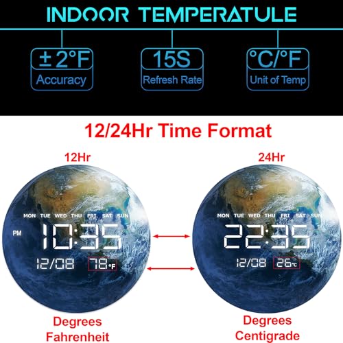 Digital Wall Clock, LED Moon/Earth Design, Temperature Display, 7.87 x 7.87 inches (Earth, 12.59 INCH) - color: Earth, size: 12.59 INCH