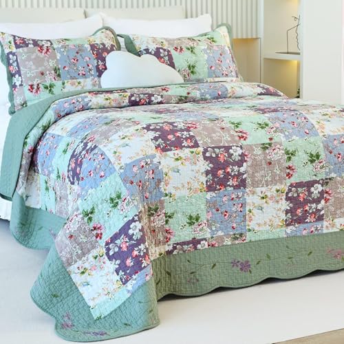 EVENHUG 100% Cotton Quilt Set King Size Floral Patchwork Bedding Sets with Pillow Shams Breathable Lightweight Bedspreads Coverlet for All Season 3 Piece (106"x96") - color: Sage Green, size: King