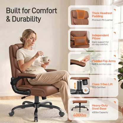Office Chair, Executive Mid-Back Computer Desk Chair with Flip-up Armrests | 300 Lbs Ergonomic Leather Swivel PC Chair with Rock Function for Working Studying (Brown) - color: Brown
