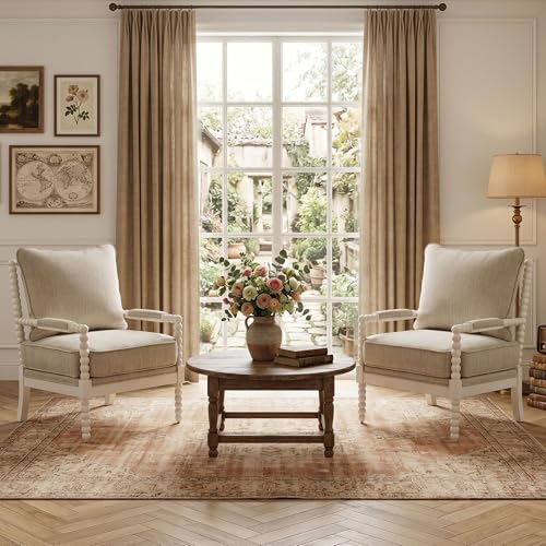 DUHOME Linen Fabric Spindle Accent Chair with Wood Frame,Spool Chairs with High Resilience Spring Cushion and Armrest Pads, Leisure Armchair for Living Room Bedroom Farmhouse Home Office Belcony - color: White+cream, size: 1 pc