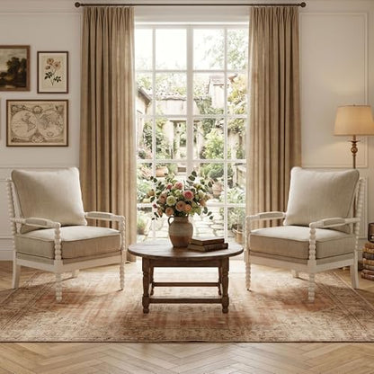 DUHOME Linen Fabric Spindle Accent Chairs Set of 2 with Wood Frame,Modern Accent Chairs with Padded Spring Seat and Brushed White Base for Living Room Bedroom Farmhouse Home Office Belcony - color: White+cream, size: 2 pcs