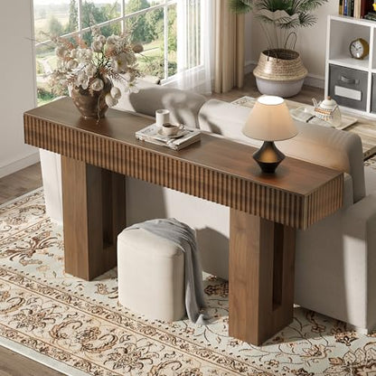 63-Inch Long Entryway Console Table with a Fluted Design, Thick Wood Farmhouse Sofa Table Behind Couch, Narrow Hallway Accent Table for Living Room, Foyer, Entrance,Modern Walnut - color: Walnut, size: 63 Inch