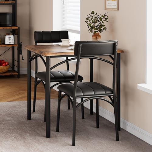 GarveeLife 3-Piece Dining Table Set for 2, Square Kitchen Table & Chairs | Upholstered, Space-Saving Square Kitchen Table Set, Compact Dining Room Furniture for Apartment, Studio - color: Brown