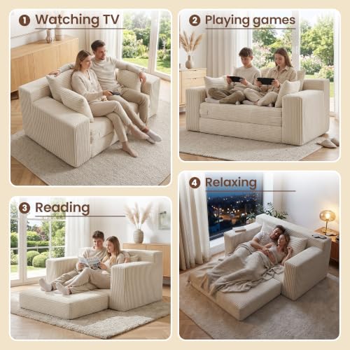 Boneless Mini Couch 53 Inch, 3 -in-1 Beige Boneless Couches Covertible Sofa Bed with 4 Pillows, Small Couches for Living Room, Bedroom, Small Space - color: Beige, size: 53 Inch