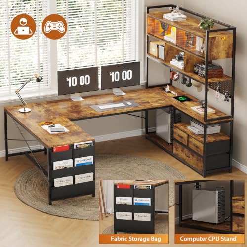Dnxao 65" Gaming Desk with 3 Drawers and Pegboard, Rustic Brown | Reversible U Shaped Computer Desk with Power Outlets and LED Lights, Storage Shelves Workstation with Pegboard for Gamers - color: Rustic Brown