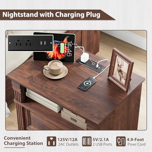 Walnut Nightstand with Charging Station, Farmhouse Bedside Table, End Table with 2 Drawers and Chic Wood Pilasters Design, Wood Side Table with Metal Handles for Bedroom, Living Room - color: Walnut, size: 15.7"D x 22"W x 23.6"H (2 Drawers)