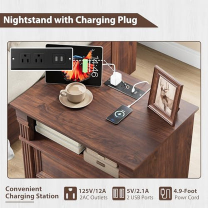 Walnut Nightstand with Charging Station, Farmhouse Bedside Table, End Table with 2 Drawers and Chic Wood Pilasters Design, Wood Side Table with Metal Handles for Bedroom, Living Room - color: Walnut, size: 15.7"D x 22"W x 23.6"H (2 Drawers)