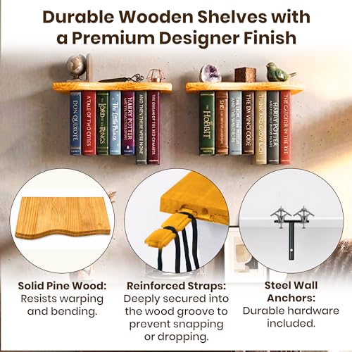 Pine Wood Floating Shelves for Wall, 2 Pack, 15.7 Inch, Light Brown | Two live edge pine shelves with hidden brackets; each 15.7 inches long and supports books, photos or plants up to 66 lb. - color: Light Brown