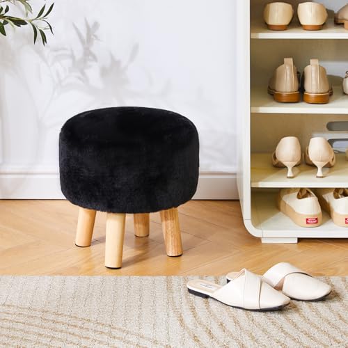 YMYNY Round Pouf Ottoman, 12.6" Small Foot Stool, Black HBD035B | Faux Fur, Wood Legs, Foot Rest for Couch, Modern Boho for Living Room Bedroom Office - color: Black