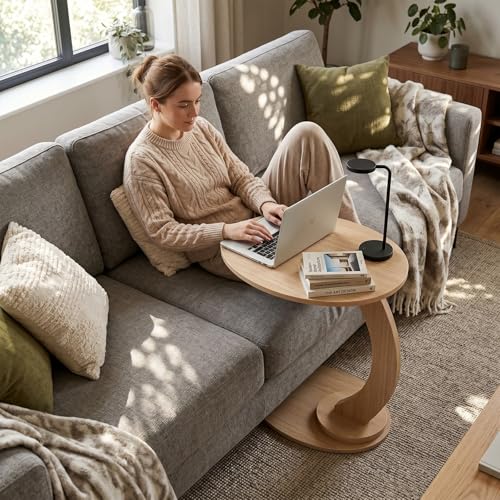 End Table,C Shaped Side Table,CouchTable that Slide Under, Wood Round Table for Couch,Small Sofa Table with Metal Frame for Bedroom,Living Room,Night Stand, Bedside Table for Small Space(Oak) - color: Oak