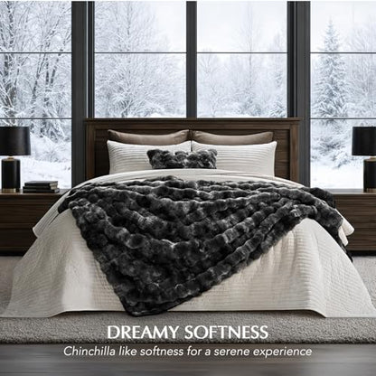 Faux Rabbit Fur Bubble Throw Blanket, 50"x60", Marble Black | Ultra Soft, Luxury Faux Rabbit Fur Throw, Thick Warm Bubble Blanket, Cozy Fluffy Reversible, for Bed, Couch, Chair, Sofa - color: Black Marble, size: 50"x60"