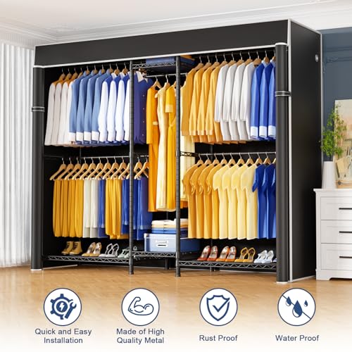 E12C Pro Heavy Duty Closet Organizer System，Freestanding Clothing Rack, Adjustable Garment Rack 71" W x 16" D x 76.5" H Holds 960 lbs, Black Rack with Black Dustproof Cover - color: Black Rack With Black Cover, size: E12C Pro