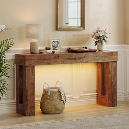 Apicizon 63" Long Console Table with LED Light, Farmhouse Entryway Table, Wooden Rectangular Sofa Table Behind Couch, Narrow Entrance Table for Living Room, Hallway, Foyer, Dark Brown - color: Dark Brown