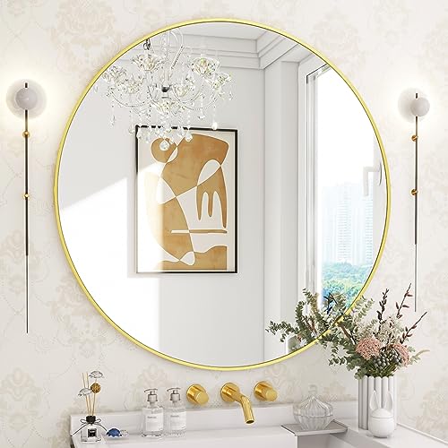 BEAUTYPEAK 30 Inch Round Mirror, Metal Frame Circle Mirror, Gold | Wall Mounted for Entryway, Bathroom, Vanity, Living Room - color: Gold, size: 30"L x 30"W