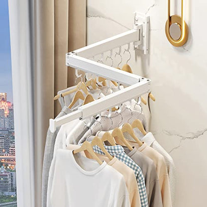 Wall Mounted Tri-Fold Clothes Drying Rack, Heavy Duty Collapsible Laundry Drying Rack, Space-Saving Retractable Foldable Drying Rack Clothes for Laundry Room Balcony Bathroom,White-Hooks - style: White-Hooks