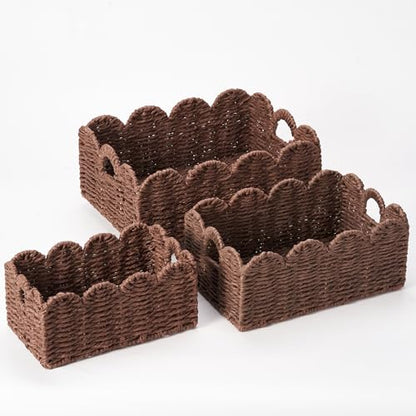 Scalloped Wicker Basket Set of 3, Hand-Woven Storage with Handles | set of 3 brown scalloped baskets with handles. Hand-woven paper rope for shelves, bathroom or closet. Stackable, sturdy. - color: Brown