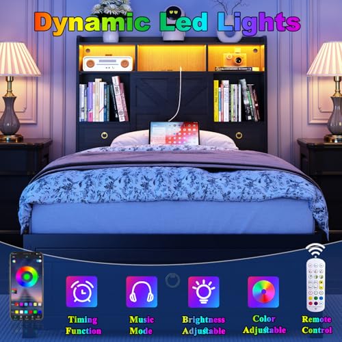 Twin Bed Frame with Storage Headboard, Farmhouse Platform Bed Frame with Bookshelf, Drawers, LED Lights and Charging Station, Metal Slats Support, Noise Free, No Box Spring Needed, Black - size: Twin