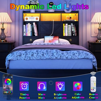 Twin Bed Frame with Storage Headboard, Farmhouse Platform Bed Frame with Bookshelf, Drawers, LED Lights and Charging Station, Metal Slats Support, Noise Free, No Box Spring Needed, Black - size: Twin