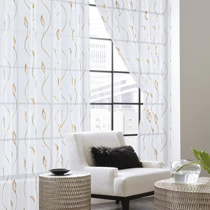 Gold Foil Print Sheer Curtains 63 inches Long, 2 Panels Ginkgo Bronzing Treatment Sheer Curtain, Rod Pocket Window Treatment Panels for Bedroom Living Room - color: Wicker/Gold/White, size: 42"W x 63"L (Pack of 2)